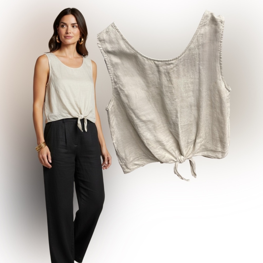Christian Siriano NY Beige Linen Metallic Shimmer Crop Tank Top Small